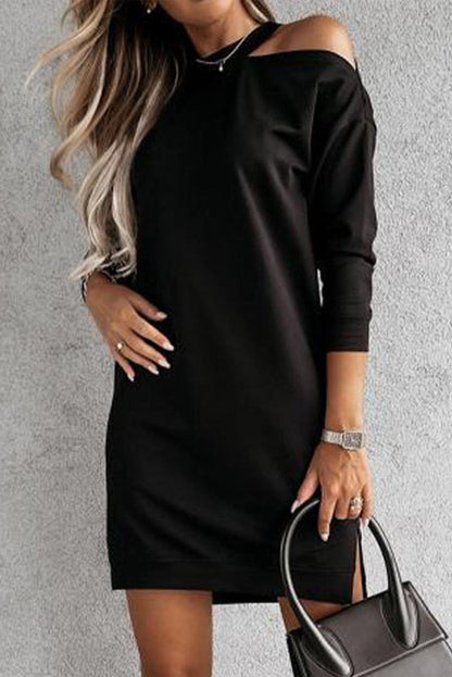 Black Single Cold Shoulder T-shirt Dress with Slits - L & M Kee, LLC