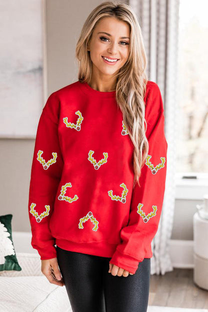 Red Christmas Deer Horn Patched Graphic Sweatshirt