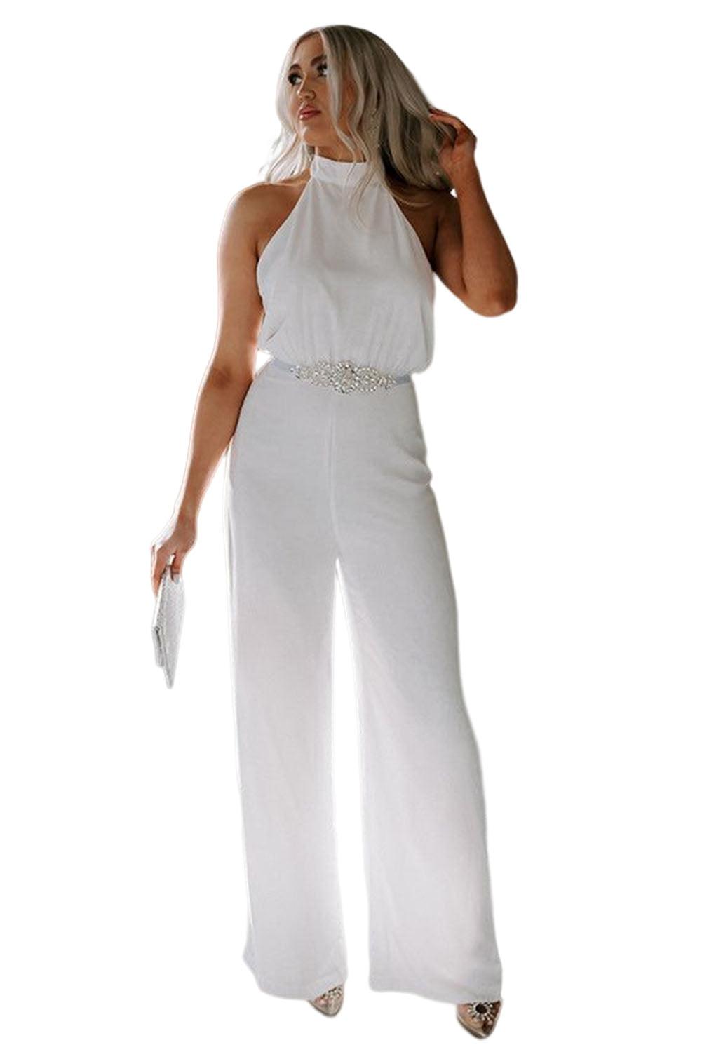 Button Halterneck Elegant Wide Leg Jumpsuit - L & M Kee, LLC