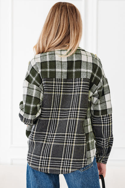 Black Plaid Print Textured Knit Buttoned Shacket