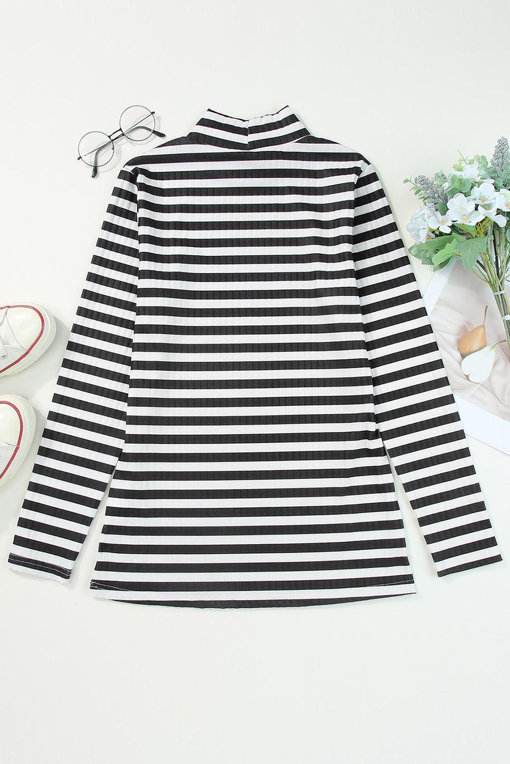 Black Striped Print Textured Knit Long Sleeve Tee - L & M Kee, LLC