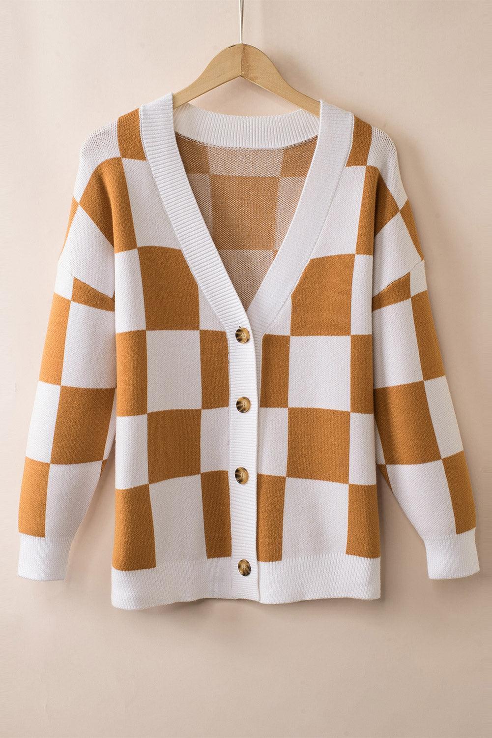 Gray Contrast Checkered Print Button Up Sweater Cardigan - L & M Kee, LLC