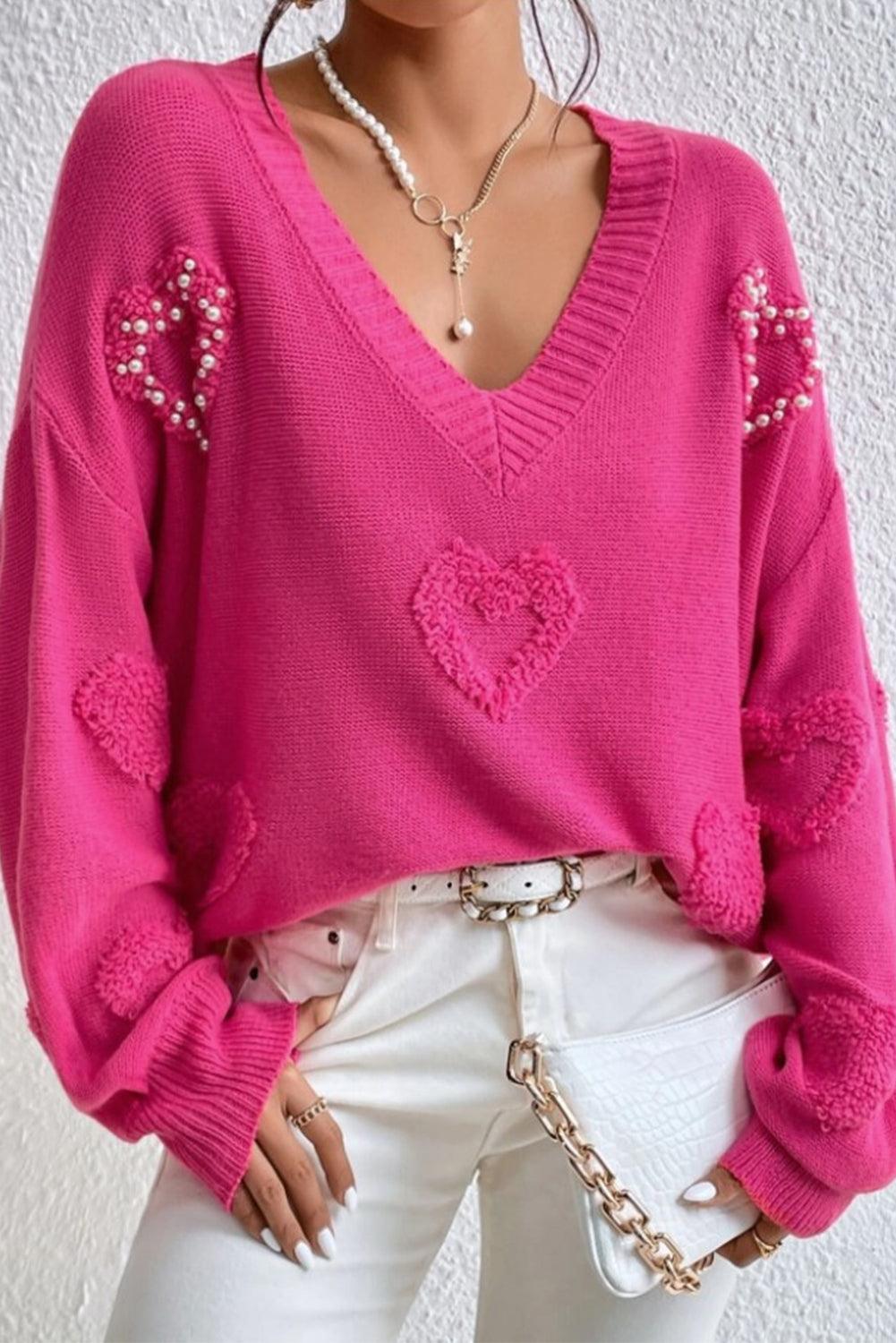 Rose Red Pearl Embellished Fuzzy Hearts V Neck Sweater - L & M Kee, LLC