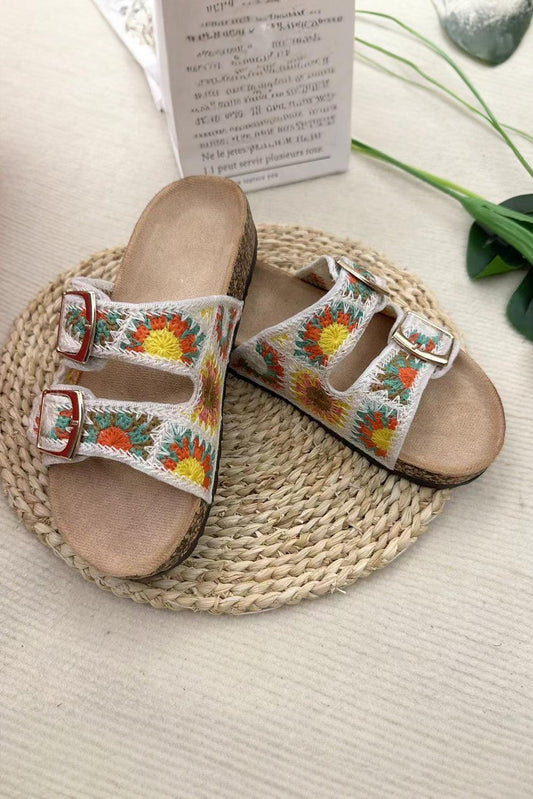 White Woven Sunflower Buckle Strap Slippers - L & M Kee, LLC