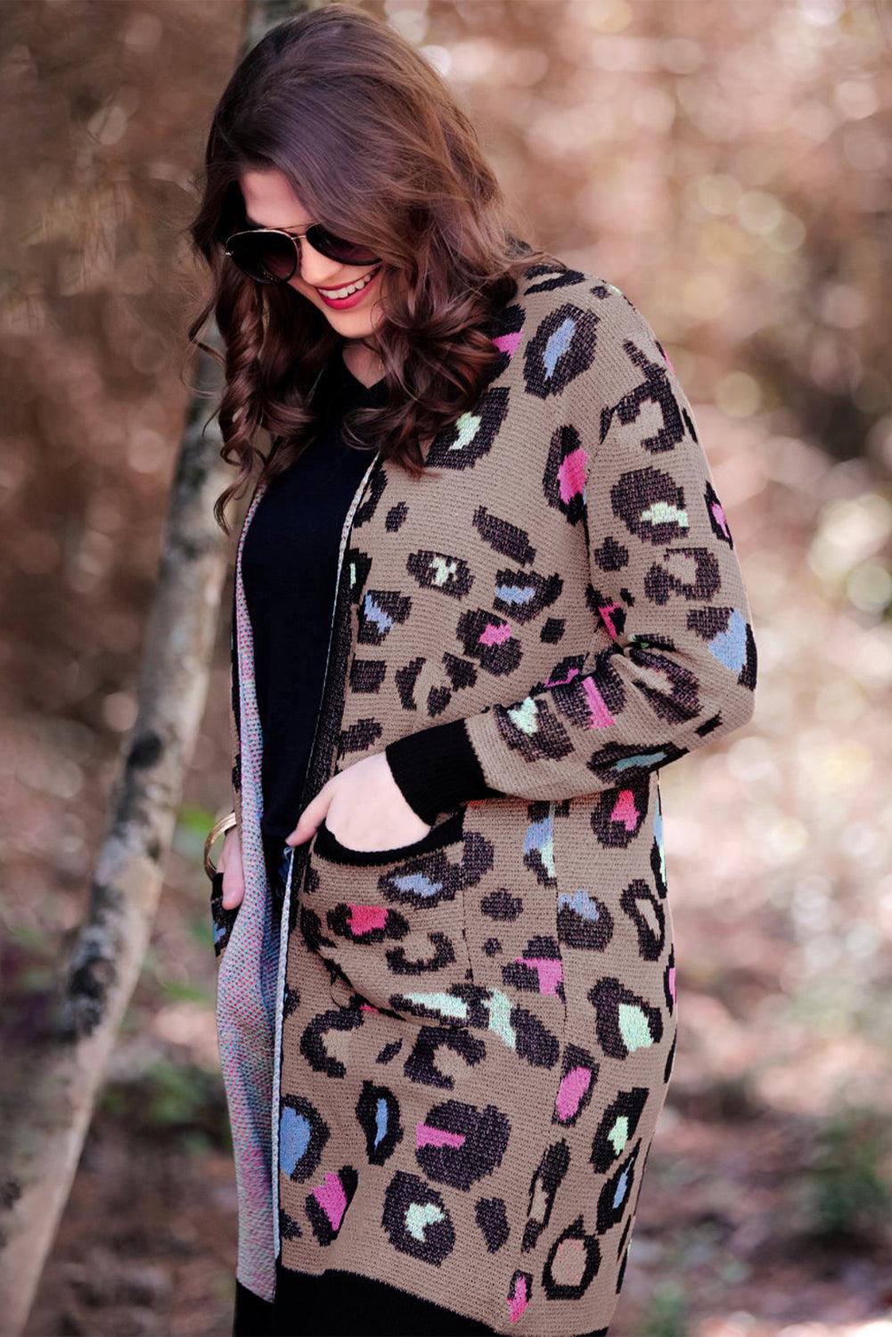 Leopard Contrast Trim Pocketed Open Cardigan - L & M Kee, LLC