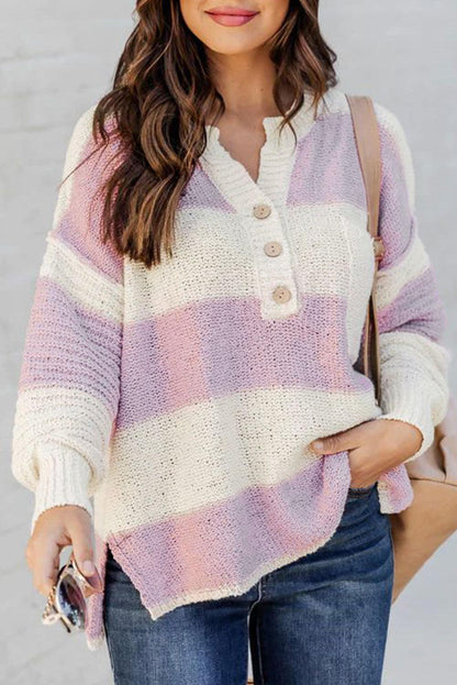 Striped Knit Button Ribbed Split Neck Sweater - L & M Kee, LLC