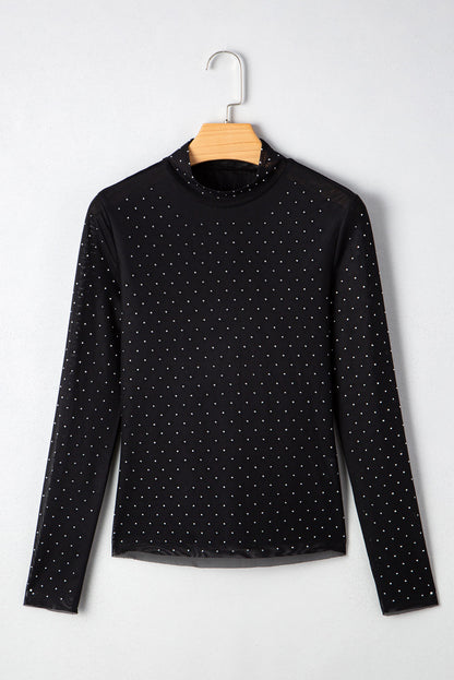 Black Rhinestone Embellished Mesh Long Sleeve Top