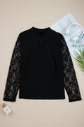 Black Plus Size Lace Patchwork Asymmetric Cutout Sheer Long Sleeve Top