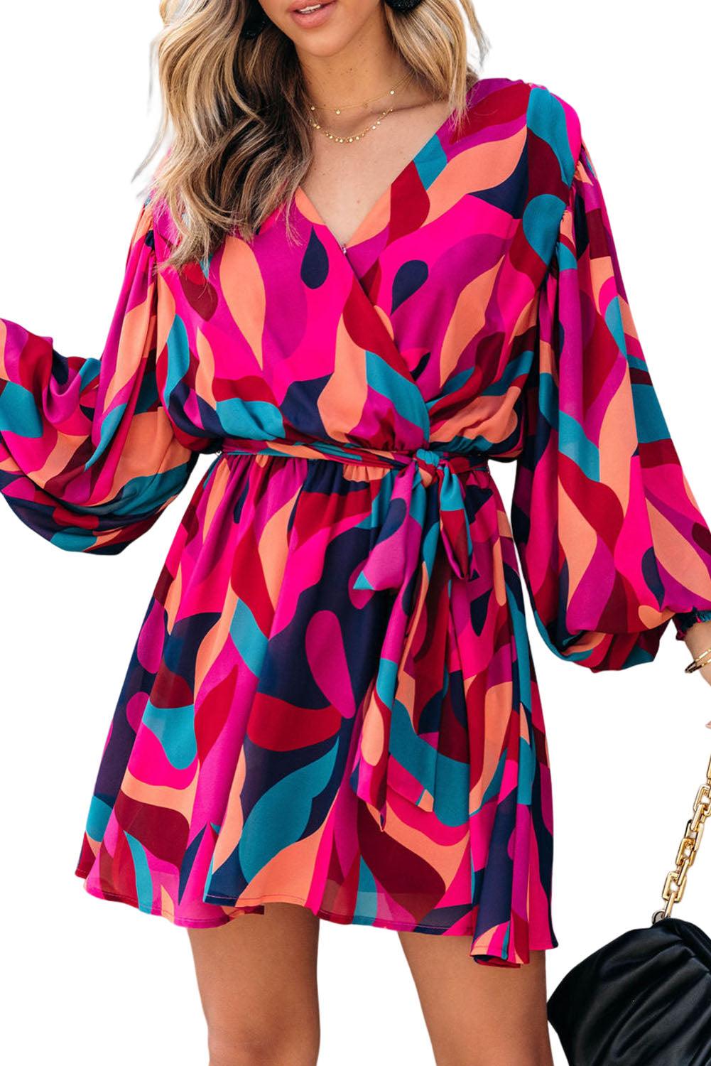 Abstract Printed Belted Puff Sleeve Mini Dress - L & M Kee, LLC