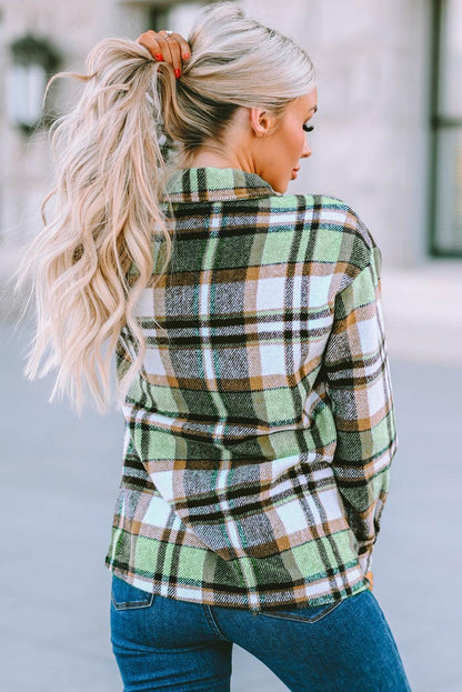 Geometric Plaid Print Pocketed Shacket - L & M Kee, LLC