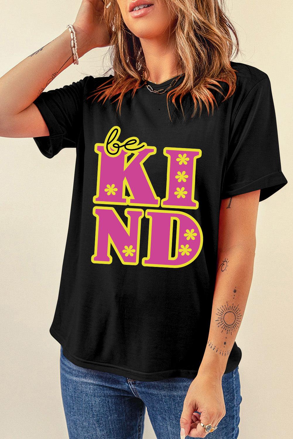 Black be KIND Flower Print Crew Neck T Shirt - L & M Kee, LLC