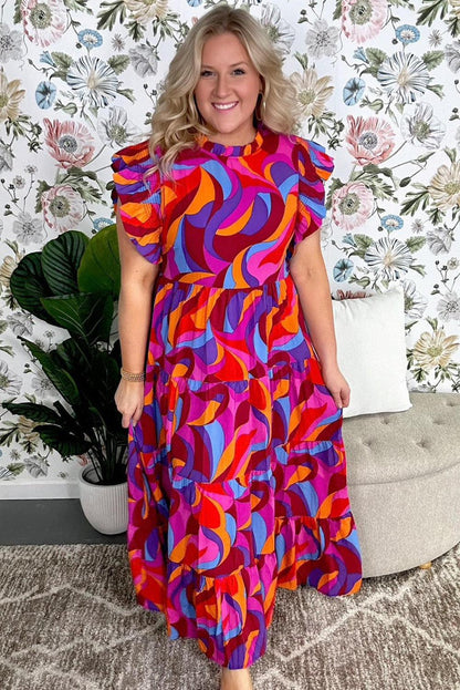 Multicolour Plus Abstract Print Ruffled Mock Neck Tiered Maxi Dress - L & M Kee, LLC