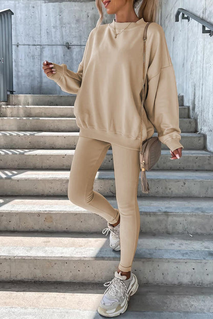 Beige Solid Sweatshirt and Leggings Two Piece Set - L & M Kee, LLC