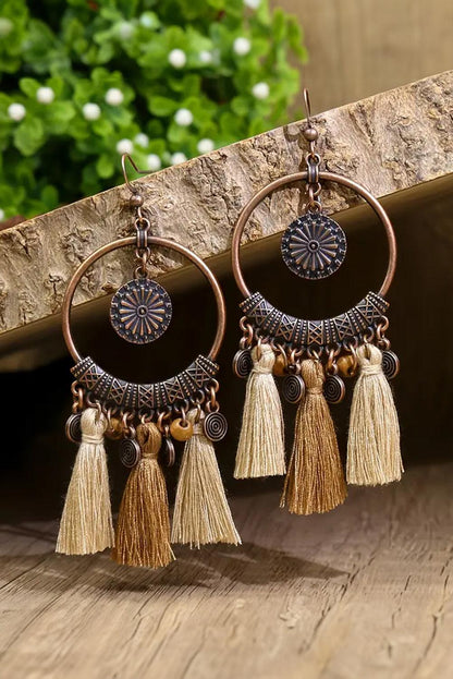 Beige Boho Round Tasseled Dangle Earrings - L & M Kee, LLC