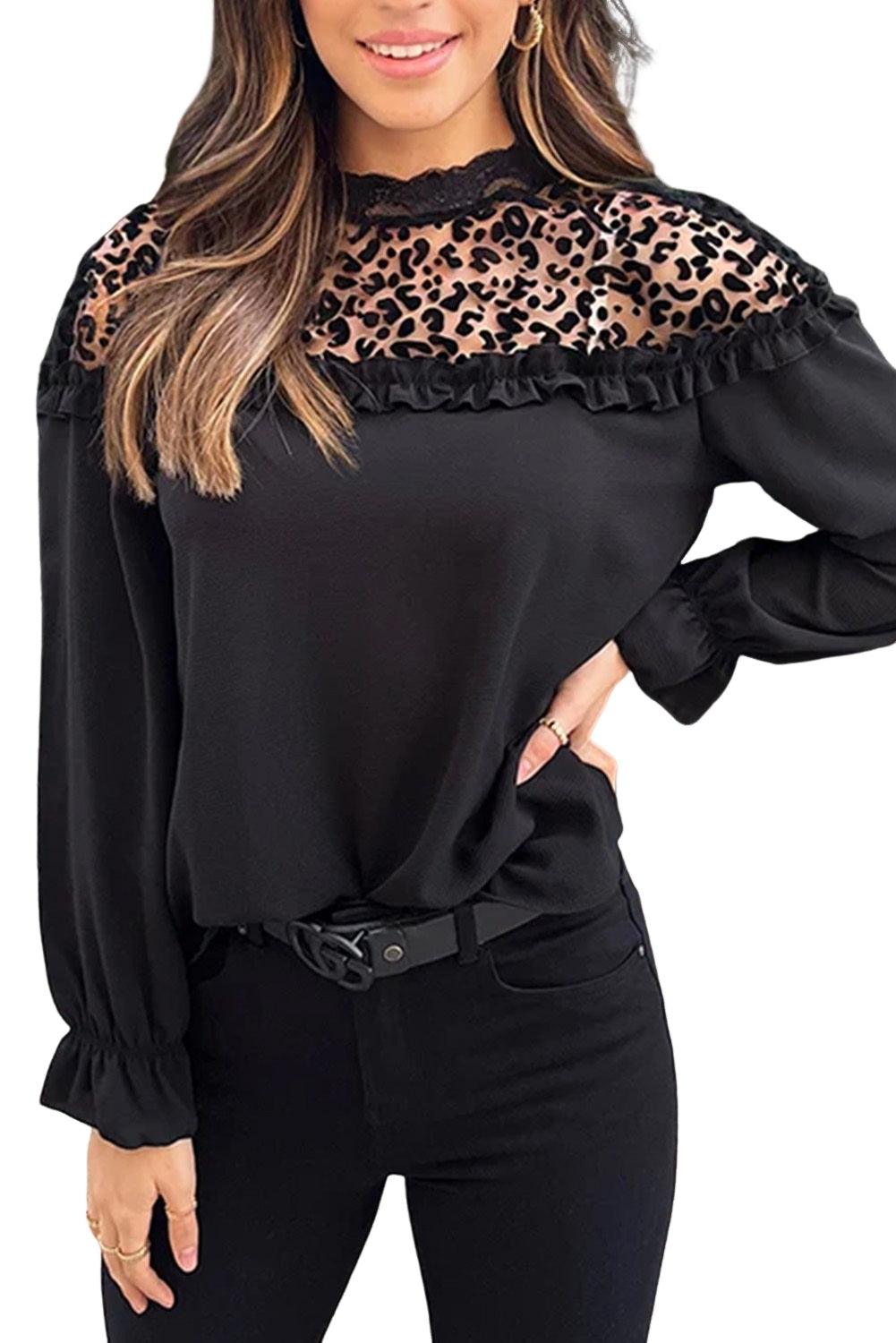 Black Leopard Mesh Splicing Ruffle Long Sleeve Blouse - L & M Kee, LLC