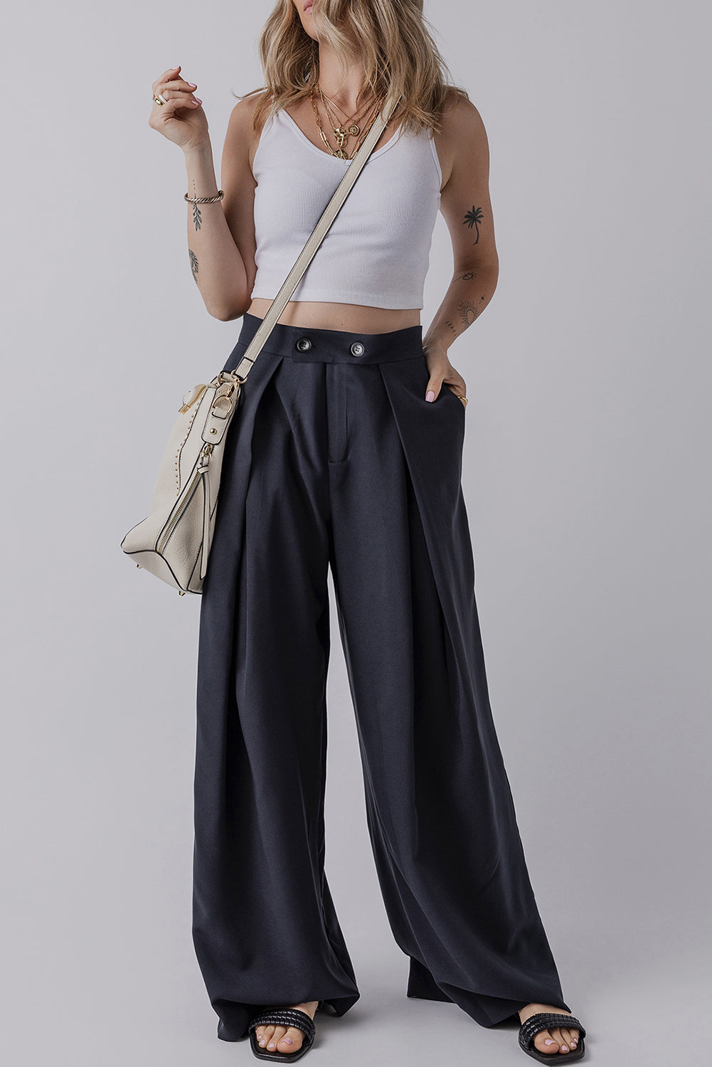 Dirty blue Dual Buttoned High Waist Pleated Wide Leg Pants