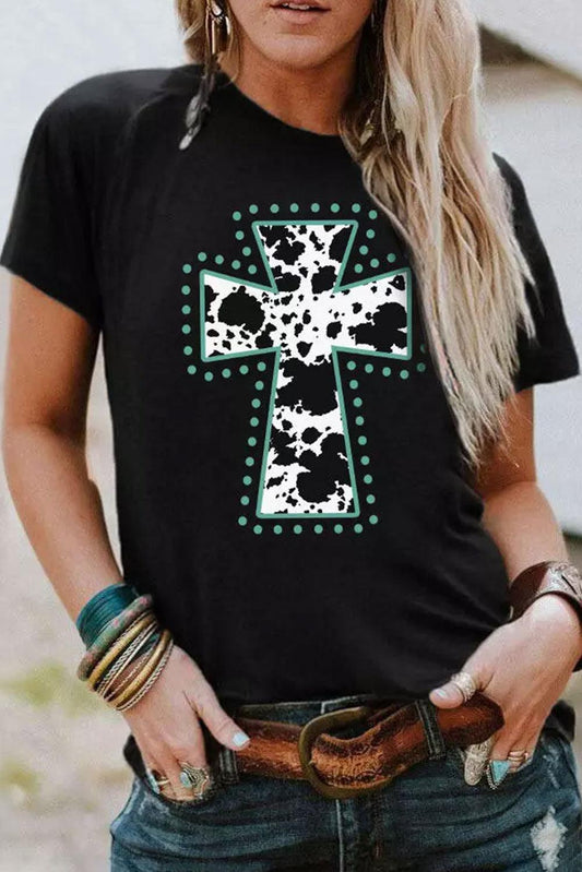 Black Animal Print Cross Graphic Tee - L & M Kee, LLC