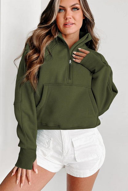 Zip Up Stand Collar Ribbed Thumbhole Sleeve Sweatshirt - L & M Kee, LLC