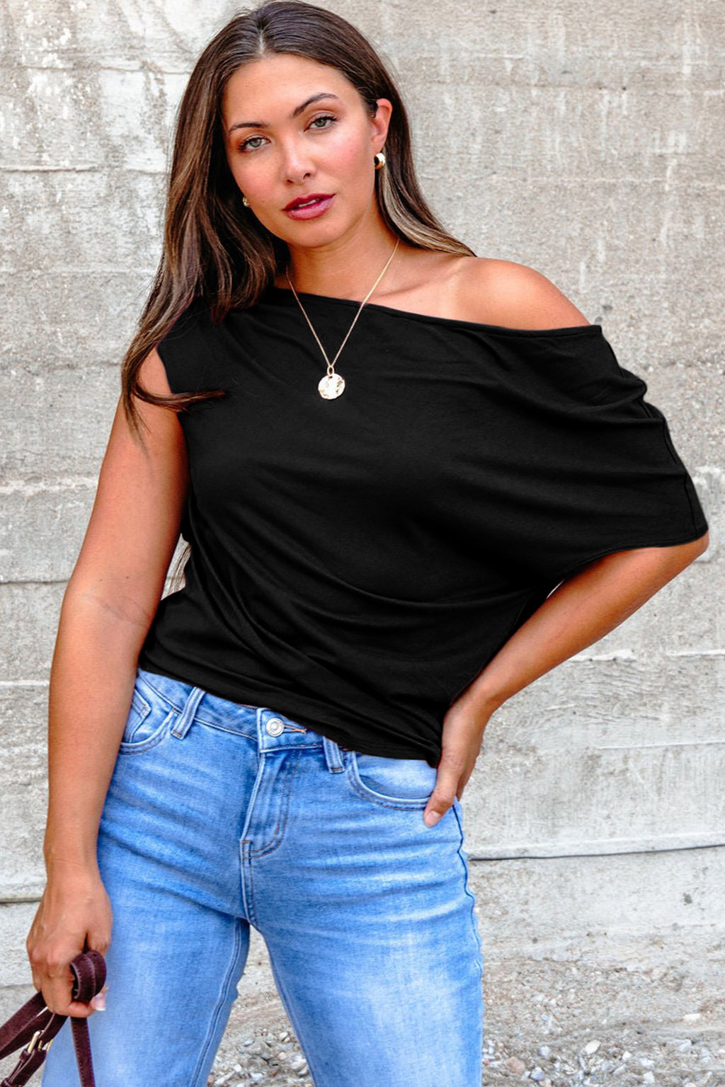 Black Plus Size Solid Color Asymmetric Neck Short Sleeve Blouse