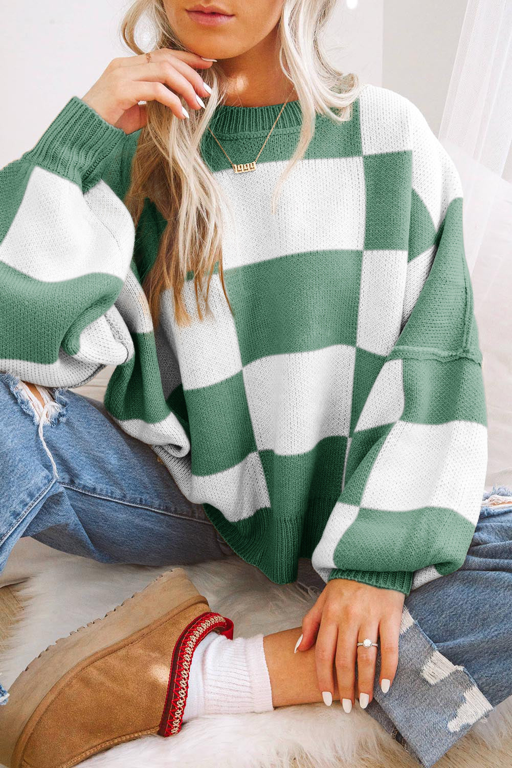 Fiery Red Checkered Bishop Sleeve Sweater