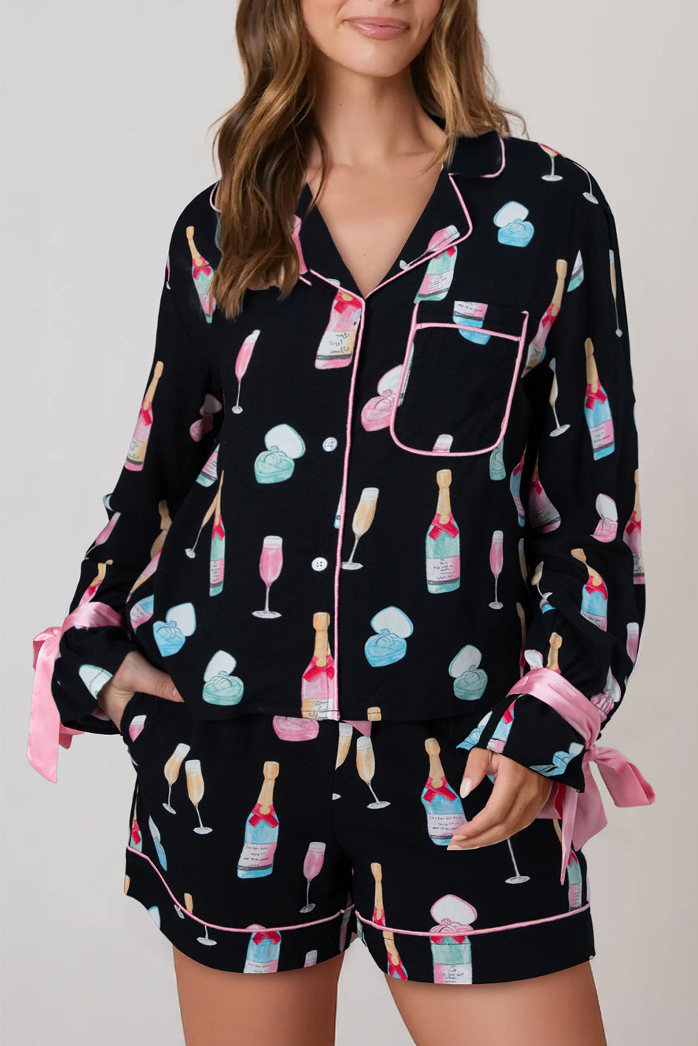 Color black Christmas Wine Glass Print Bow Knot Two Piece Pajama Set