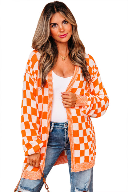 Orange Checkered Open Front Drop Shoulder Cardigan