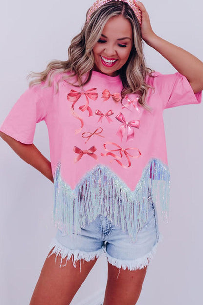 Pink Sweet Bowknot Graphic Fringed Hem T-shirt - L & M Kee, LLC