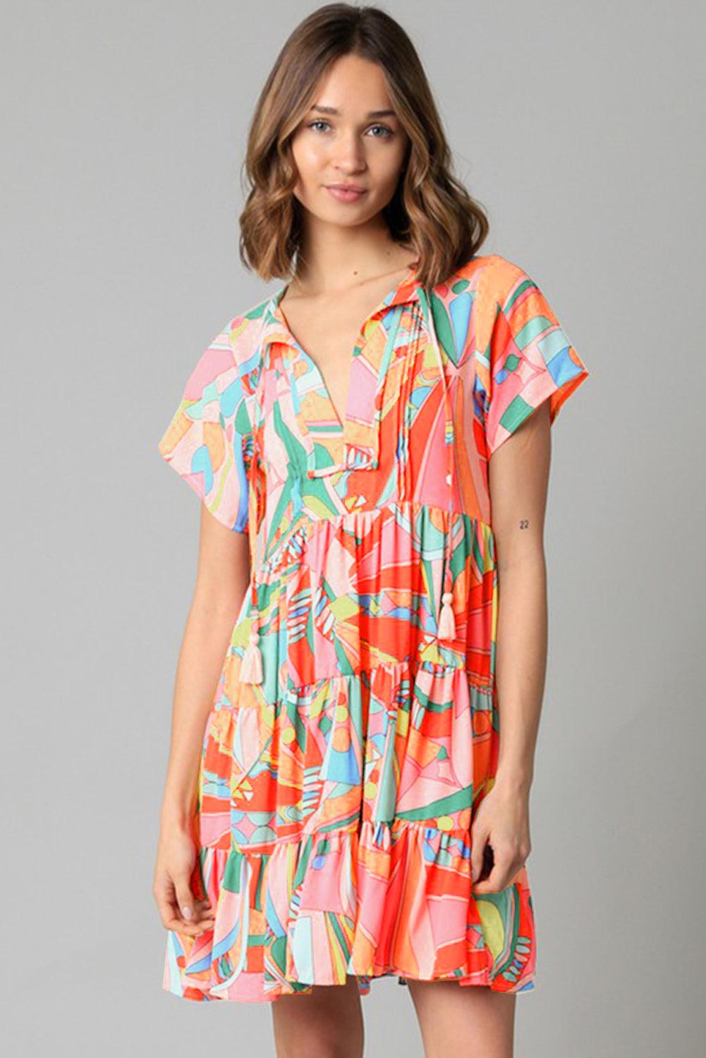 Multicolor Abstract Geometric Print Tassel Tie Flared Dress - L & M Kee, LLC