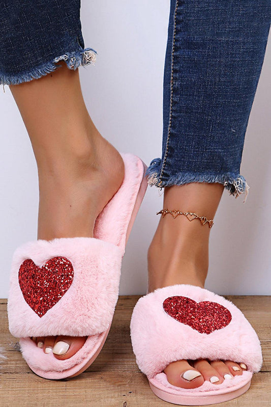 Pink Sequin Heart Shaped Slip On Plush Slippers - L & M Kee, LLC
