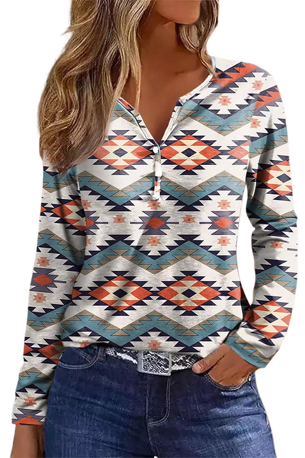 White Aztec Geometric Print Long Sleeve Henley Top - L & M Kee, LLC