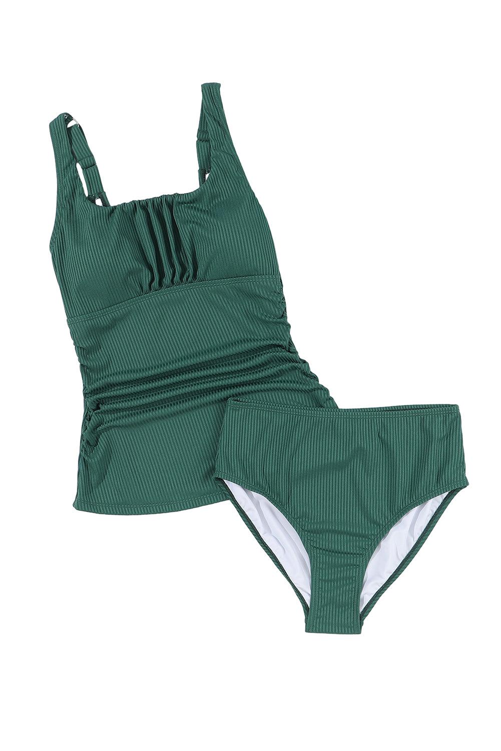 Blackish Green Ruched U Neck Ribbed Tankini - L & M Kee, LLC