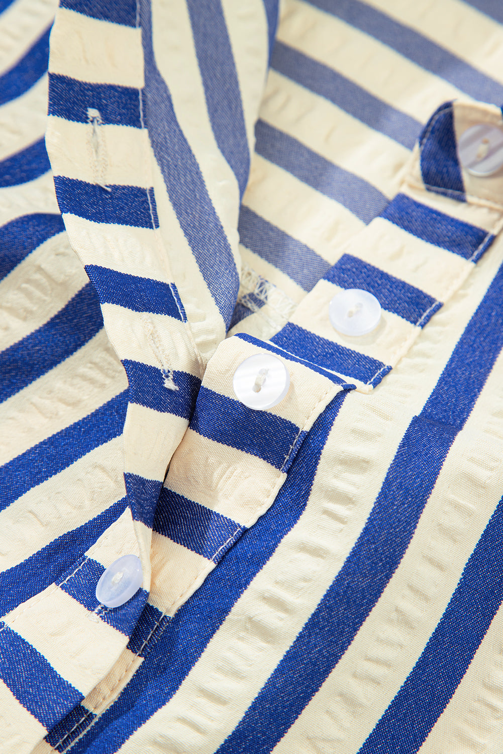 Blue Stripe Collared Half Button Side Pockets Loose Fit Mini Dress