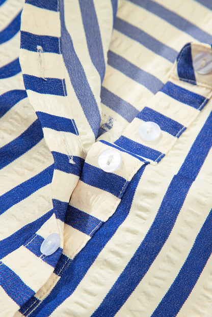 Blue Stripe Collared Half Button Side Pockets Loose Fit Mini Dress