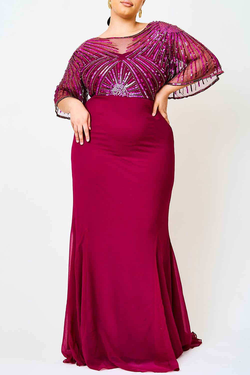 Sequin Mesh Open Back Plus Size Maxi Dress - L & M Kee, LLC