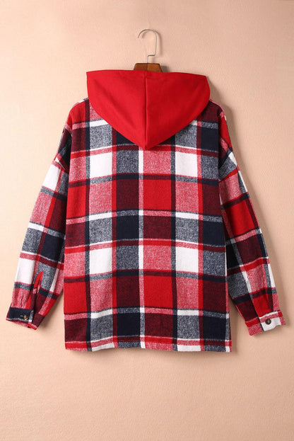 Red Hooded Plaid Button Front Shacket - L & M Kee, LLC