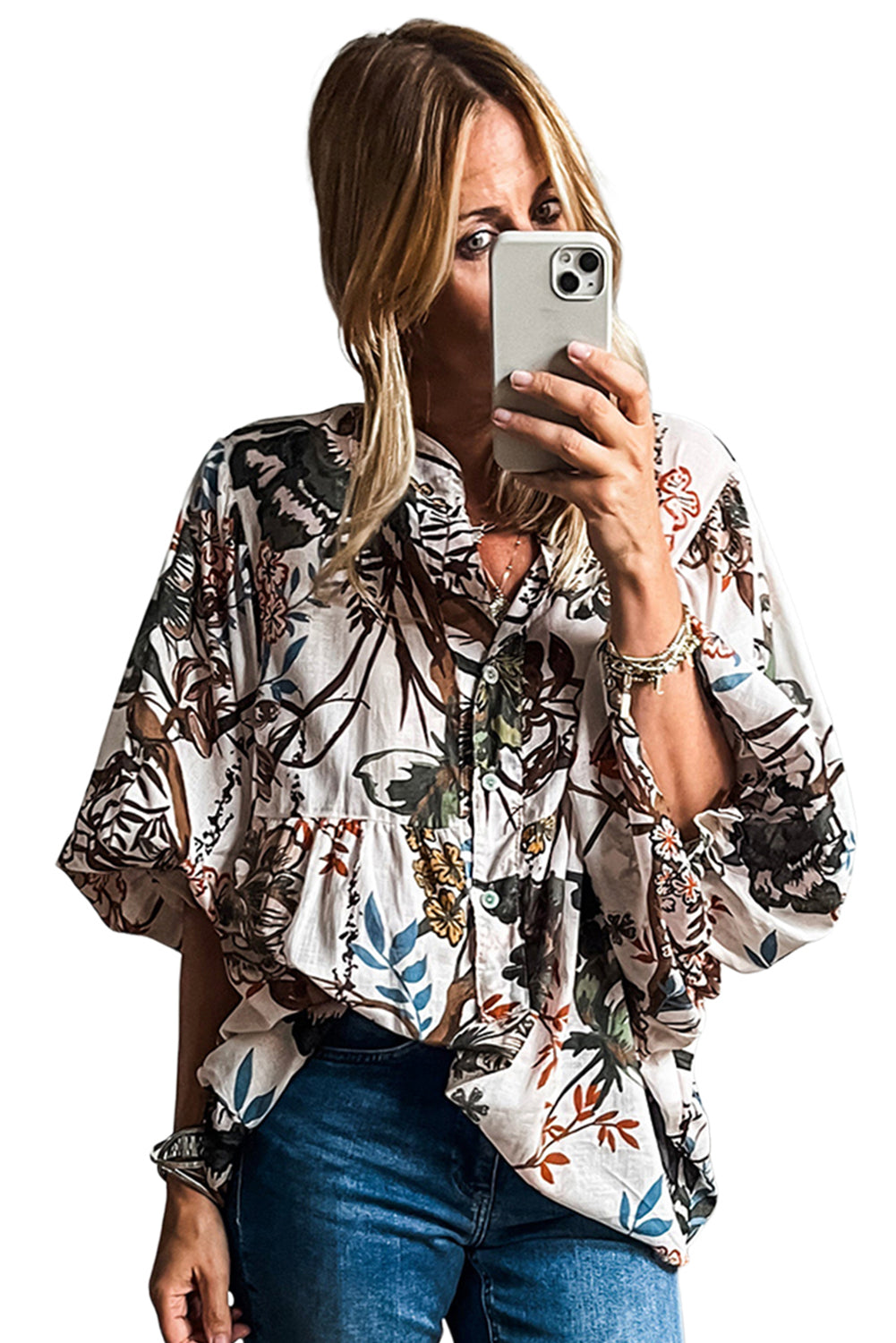 White Floral Print Balloon Sleeves Button Up Loose Casual Shirt