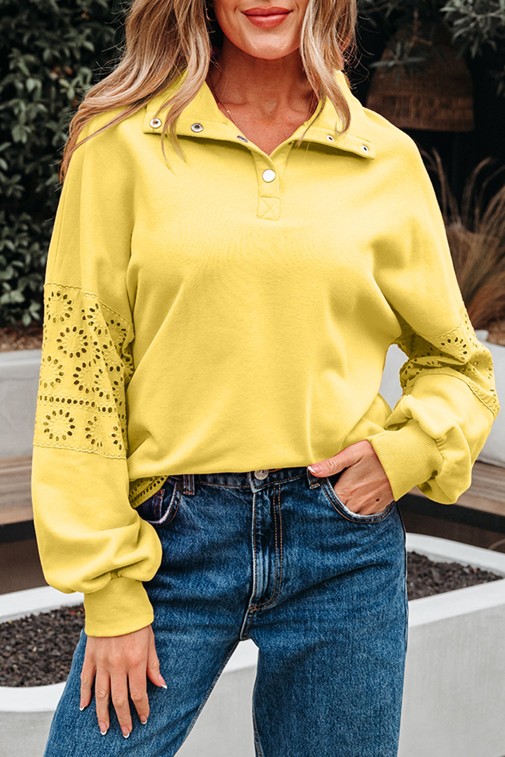 Yellow Cream Embroidered Flower Patchwork Snap Buttons Pullover Sweatshirt