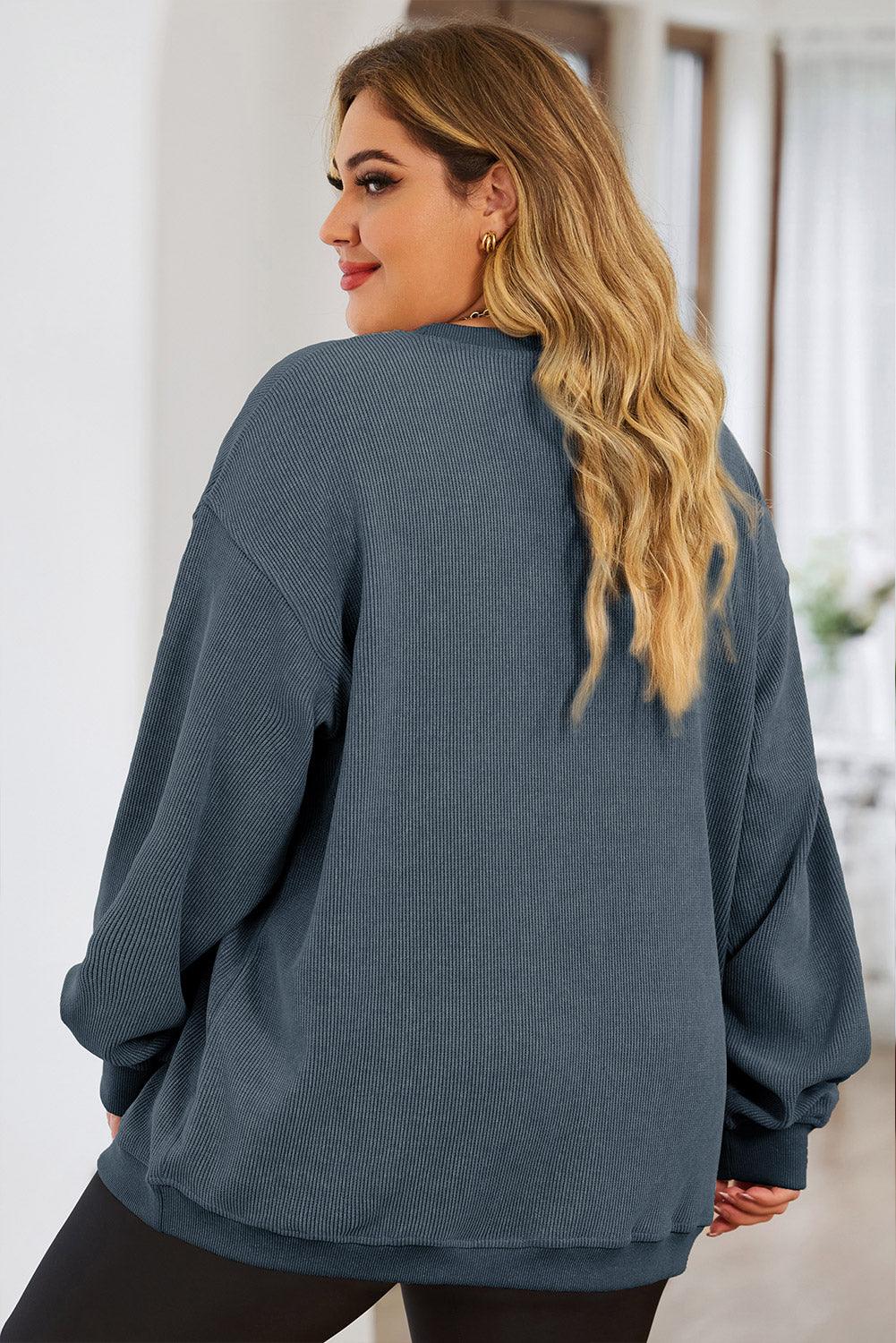 Blue Plus Size Corded Round Neck Sweatshirt - L & M Kee, LLC