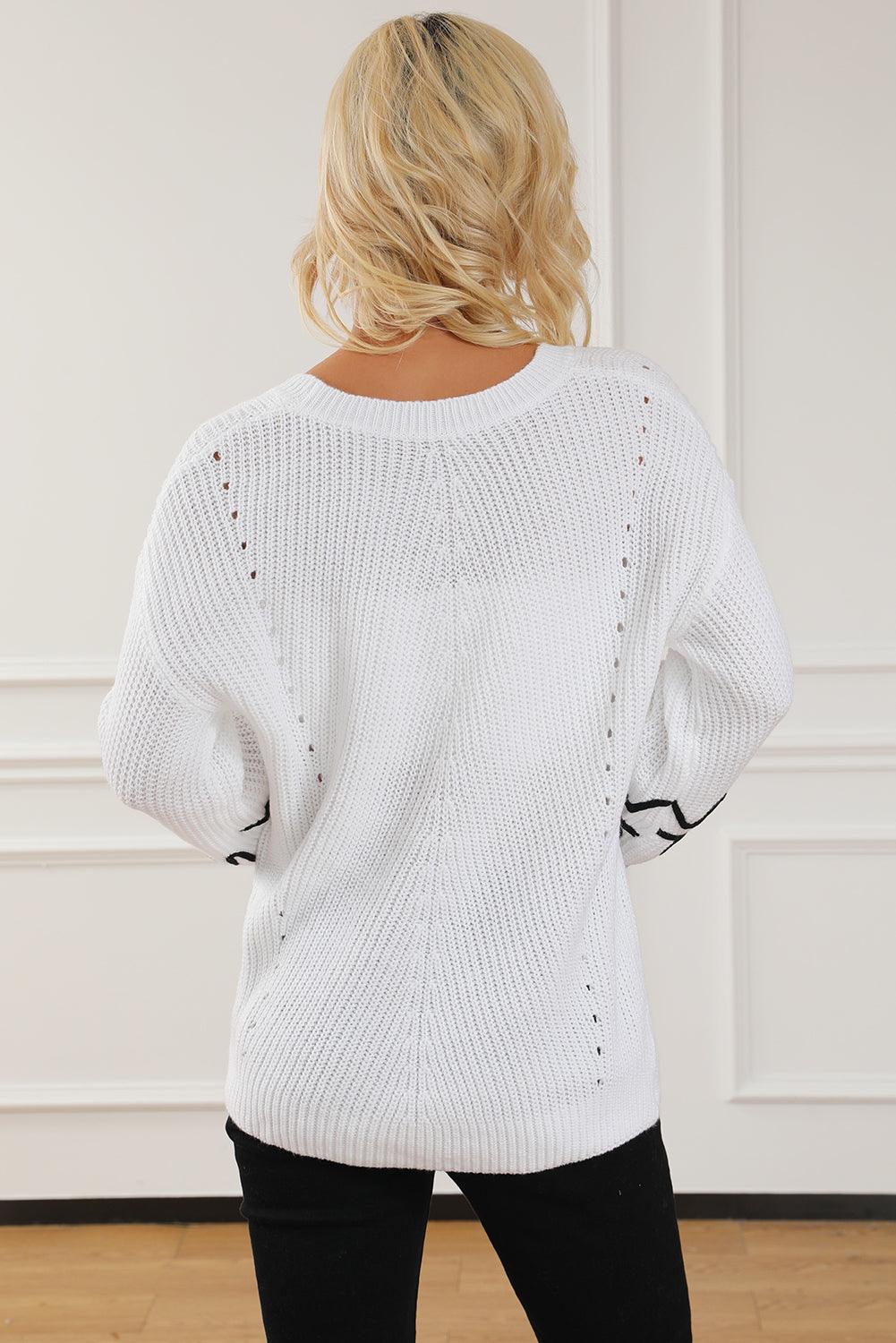 White Abstract Crochet Bubble Sleeve Loose Sweater - L & M Kee, LLC