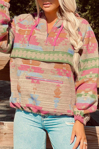 Multicolor Aztec Printed Kangaroo Pocket Zipped Hoodie - L & M Kee, LLC