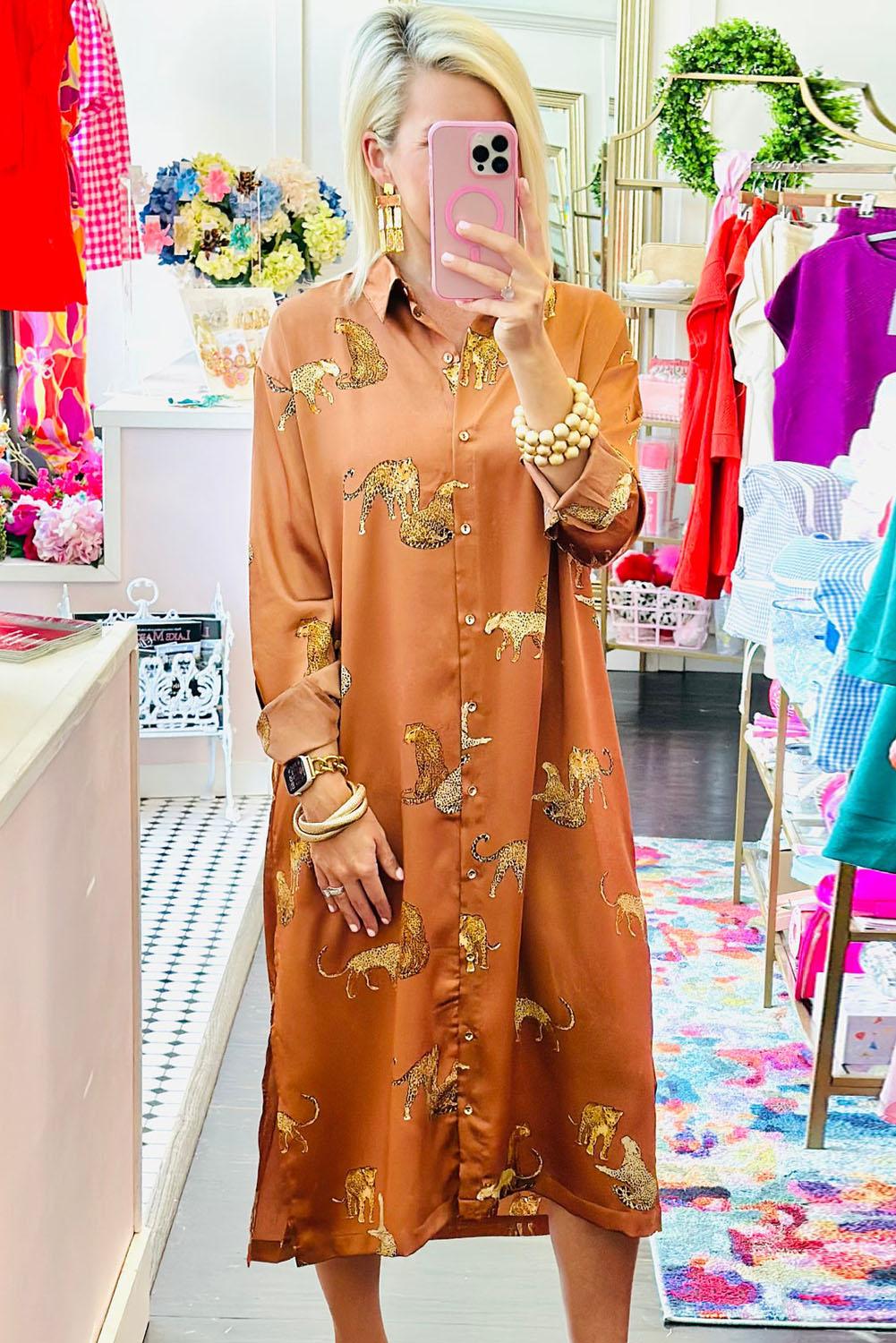 Khaki Yellow Cheetah Print Button-Up Split Shirt Dress - L & M Kee, LLC