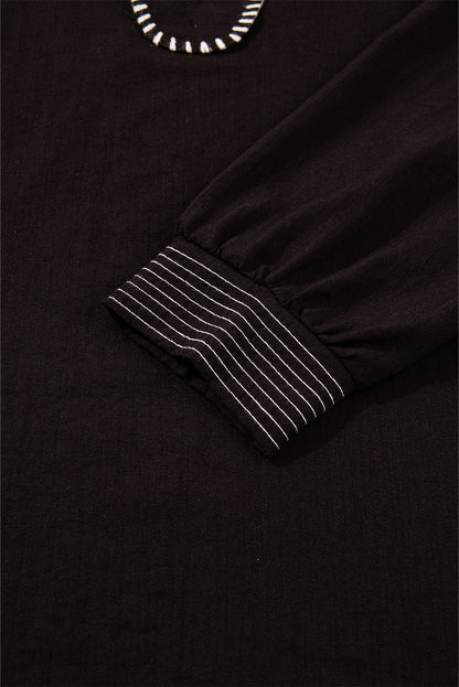 Black Contrast Stitched Detail V Neck Ruffle Long Sleeve Blouse