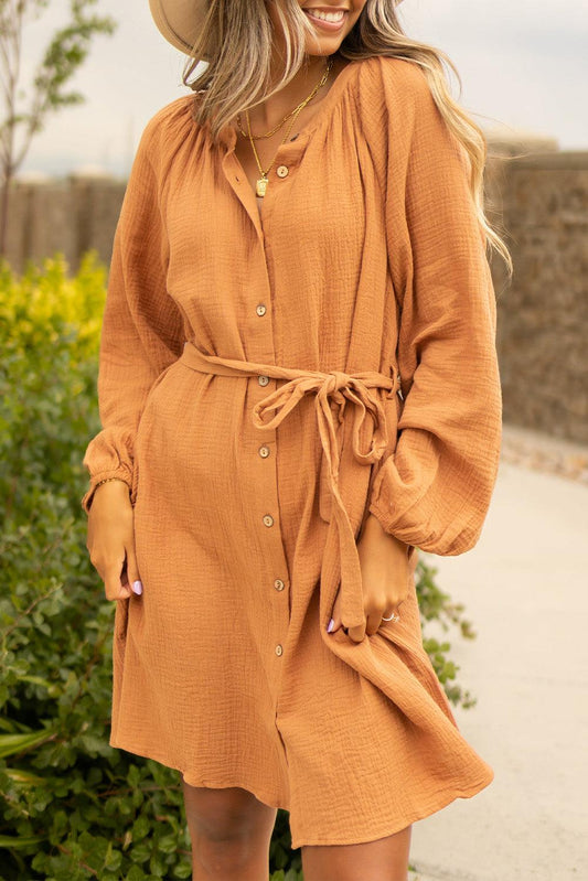 Camel Puff Sleeve Crinkled Shirt Dress - L & M Kee, LLC