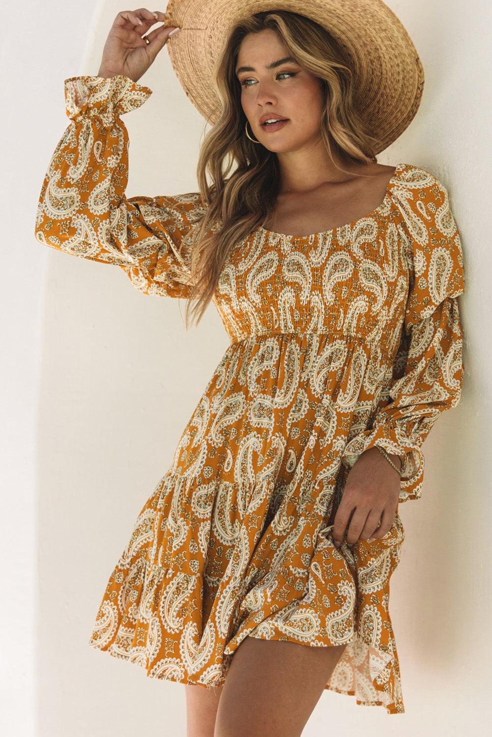 Boho Paisley Long Sleeve Floral Dress - L & M Kee, LLC