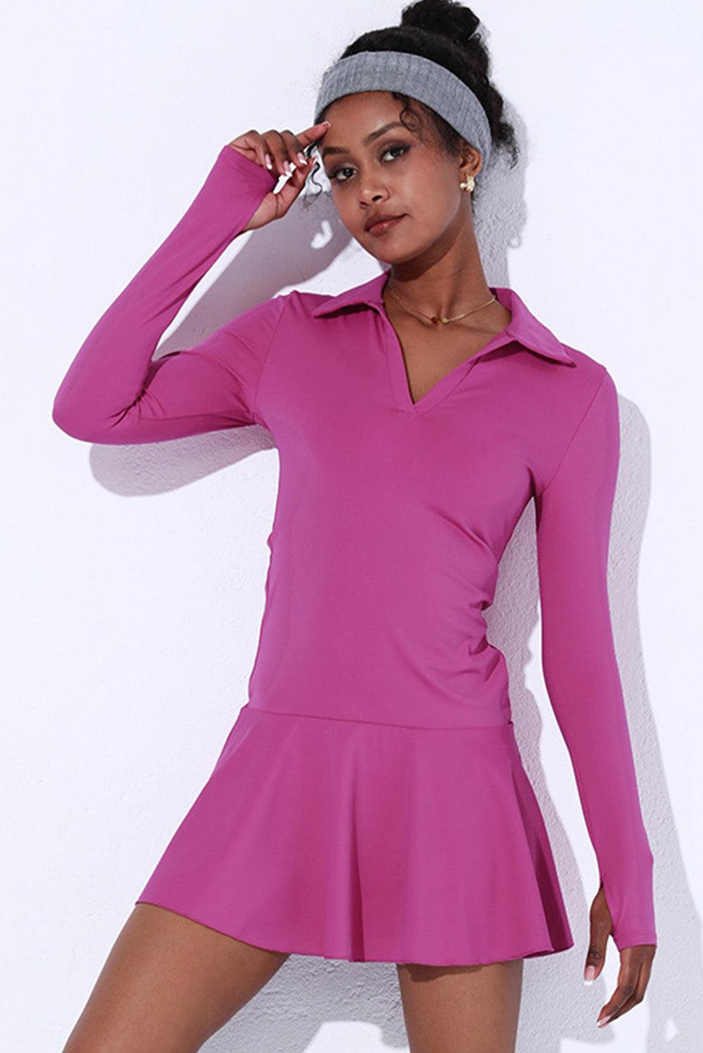 Bright Pink V Neck Long Sleeve Active Sports Dress