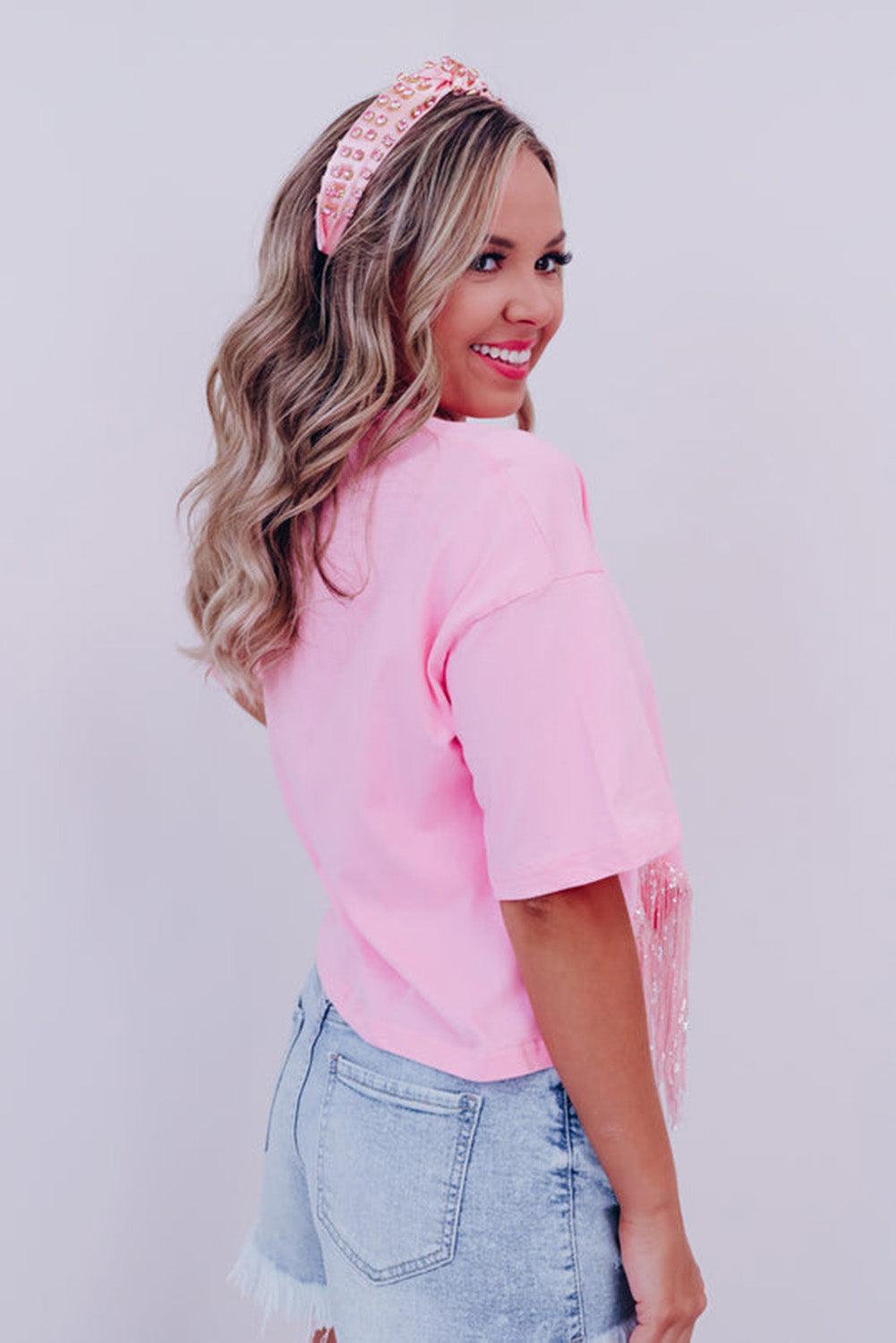 Pink Fringed Sequin Crop T-shirt - L & M Kee, LLC