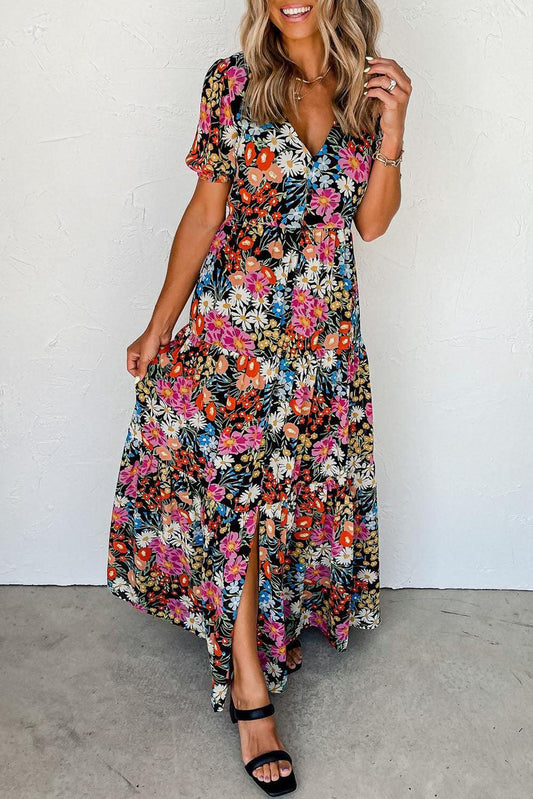 Short Sleeve Boho Floral Pattern Tiered Maxi Dress - L & M Kee, LLC