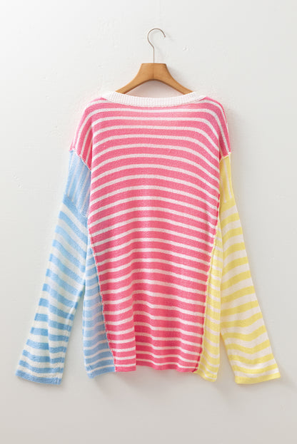 Multicolour Striped Exposed Seam Colorblock Patchwork Plus Size Sweater