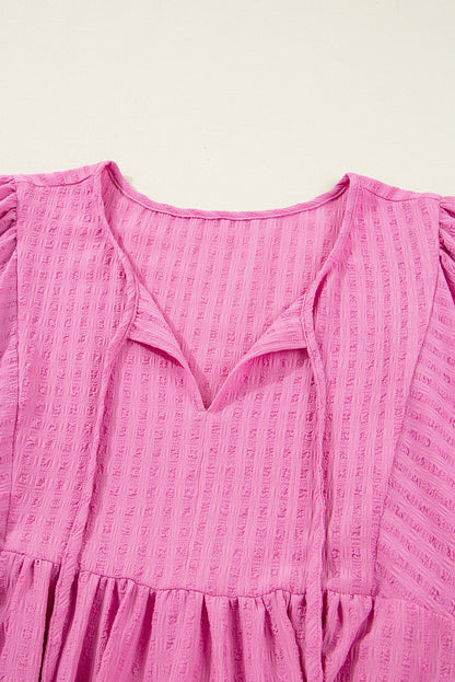 Sachet Pink Plus Size Textured Tie Split Neck Puff Sleeve Flowy Mini Dress