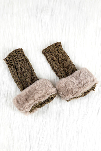 Camel Faux Fur Detail Fingerless Textured Knitted Gloves